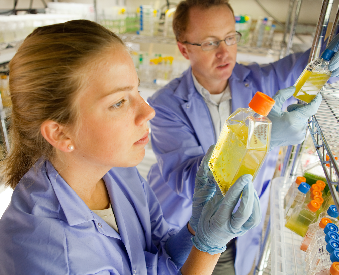 Student and scientist in lab examining bottles of chemicals.