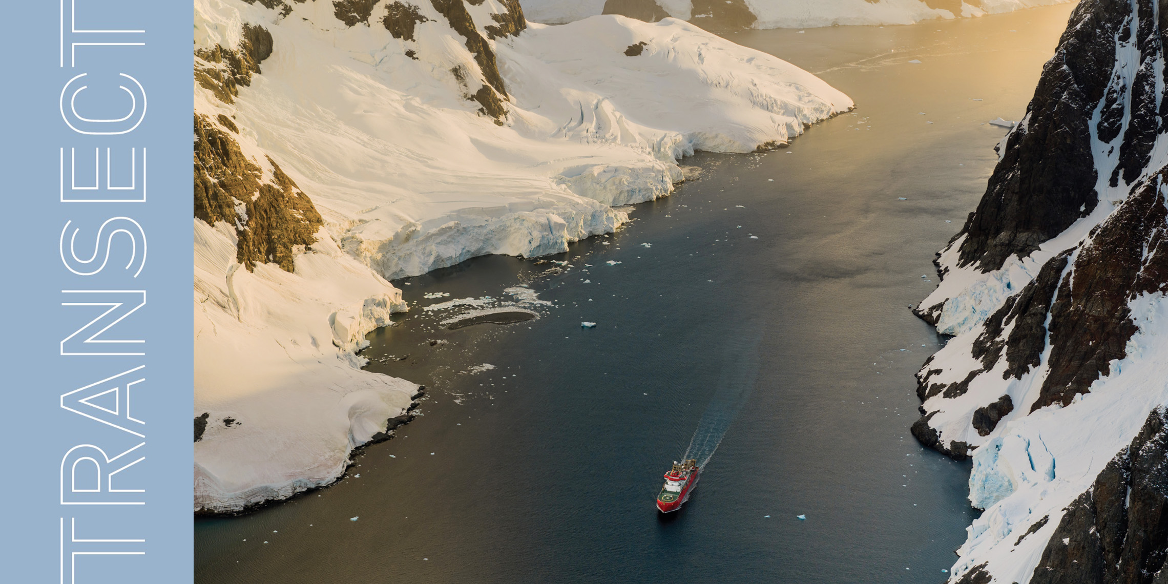 Transect Summer 2026 banner featuring drone footage of Antarctic research cruise