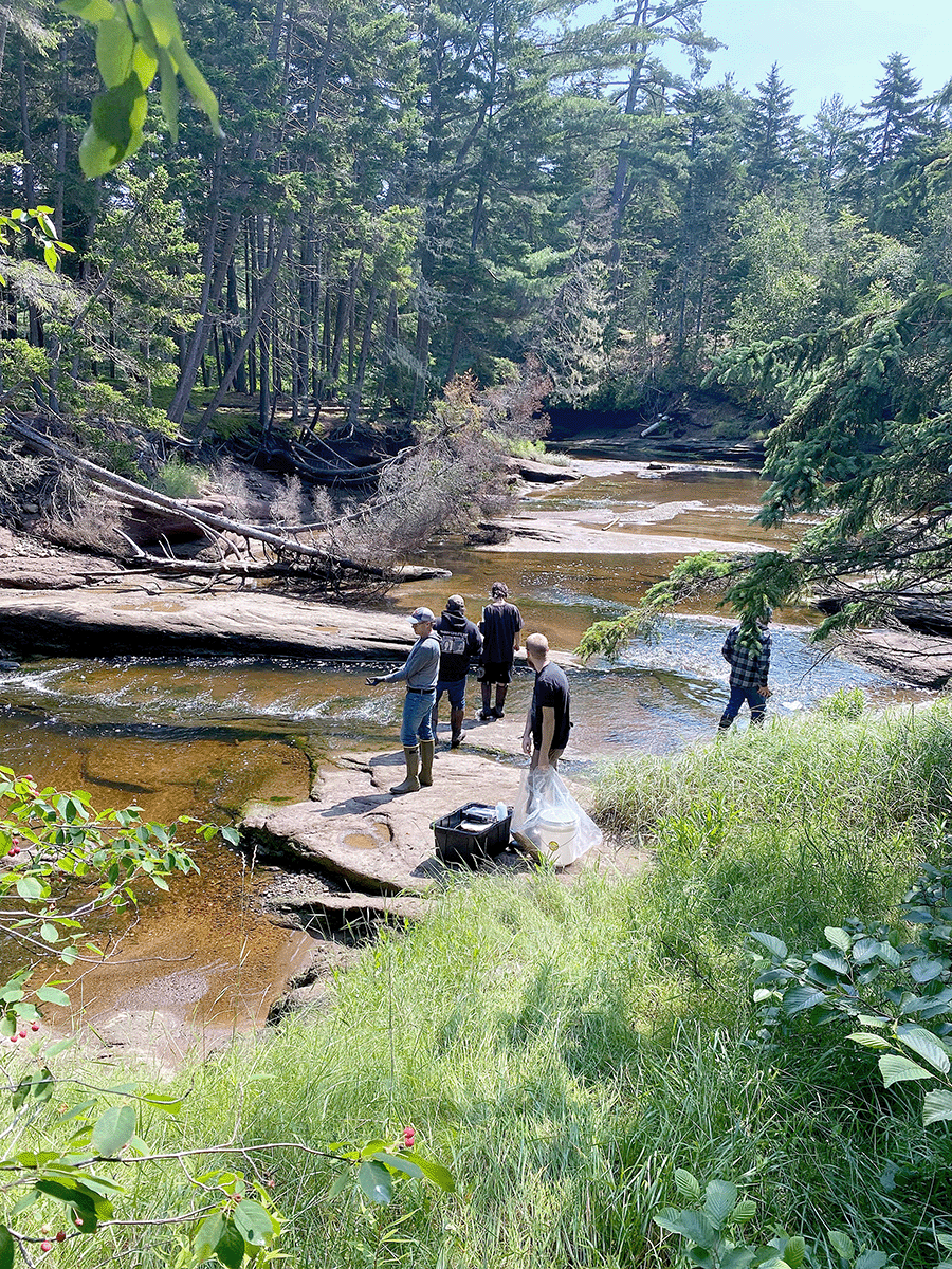 Scientists collecting specimens from the rocks in a rivers