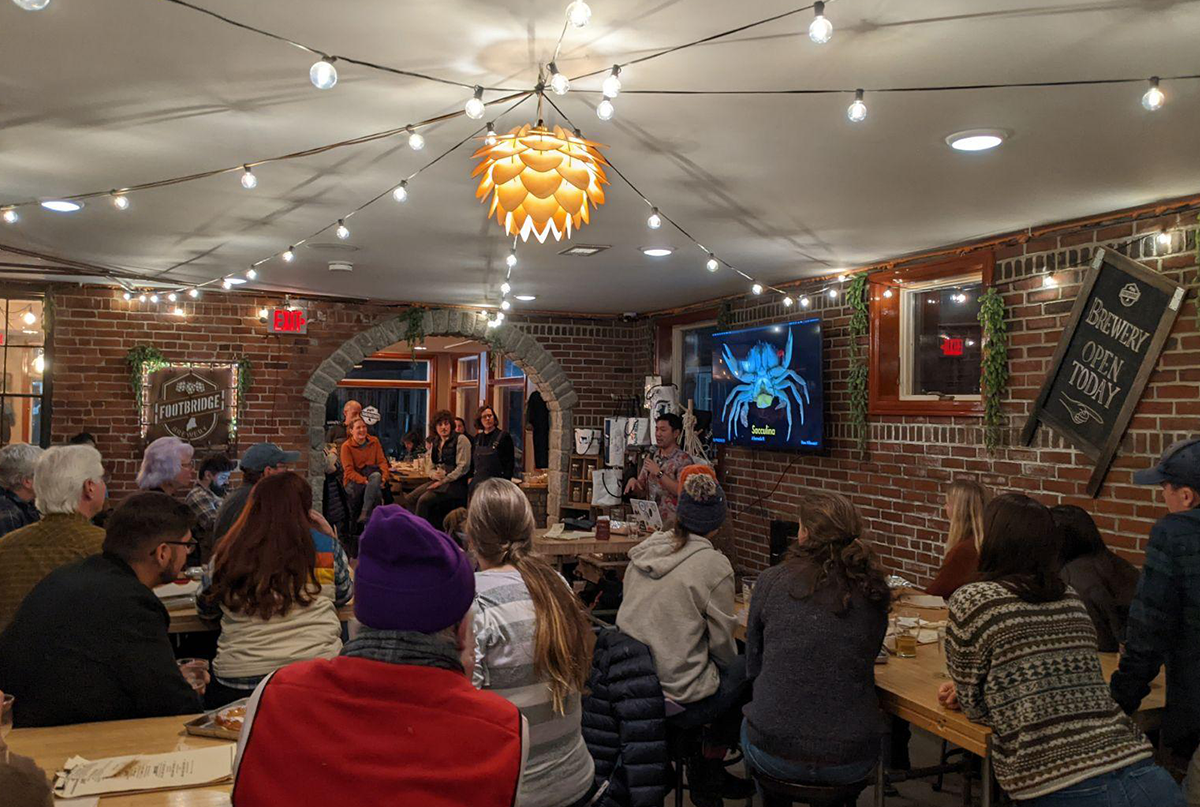 Post Doctoral Scient Reyn Yoshioka speaking at Footbridge Brewery