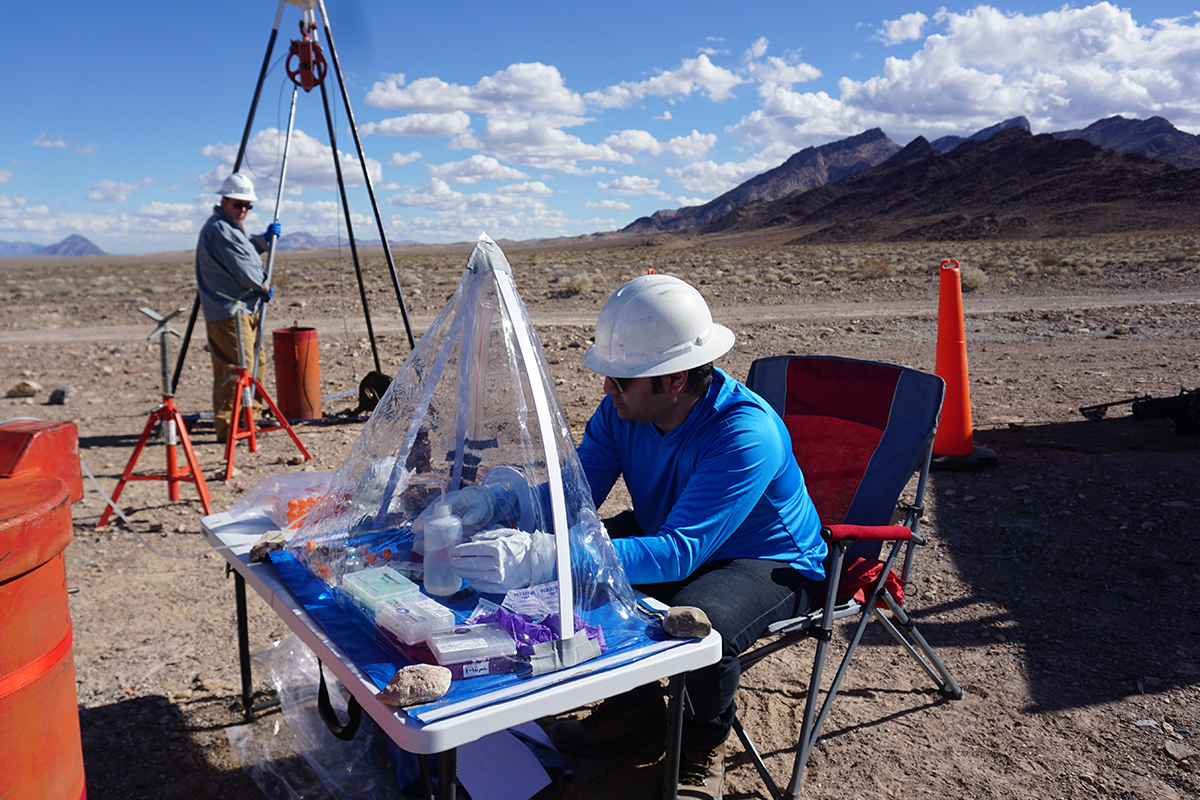 The Desert Research Institute team extracting samples from the bore hole at Death Valley