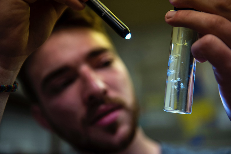 Alex Ascher, holds a vial of larval lobsters 