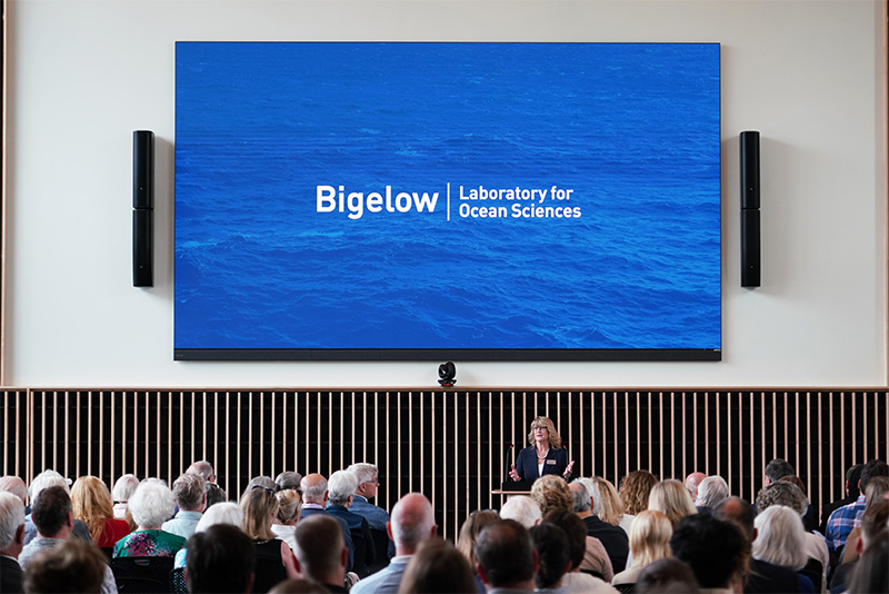 CEO Deborah Bronk speaking in front of a large video screen in the Burgess Forum