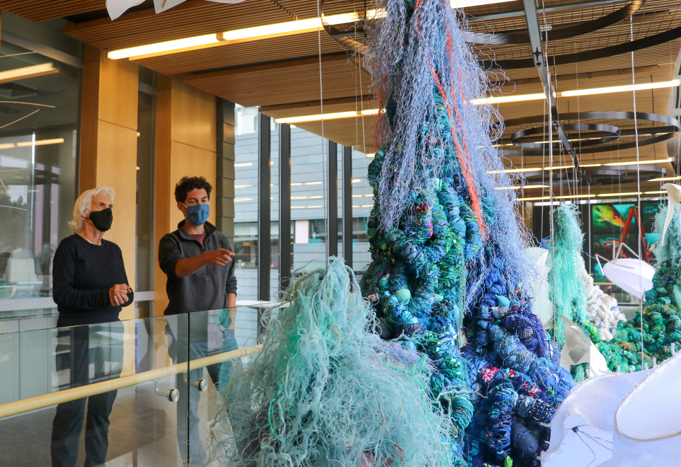 Anna Dibble of the Gulf of Maine EcoArts & Senior Research Scientist Nick Record viewing the Majestic Fragility exhibit