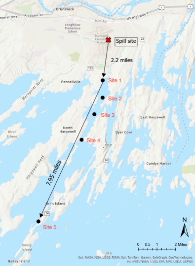 Map of the Casco Bay area showing testing sites in relationship to the spill site 